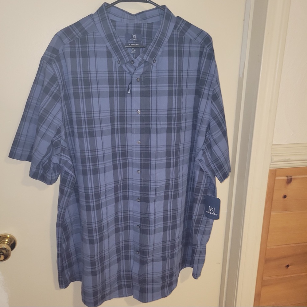 George Short Sleeved Button Up Collared Blue Plaid Shirt, Sz 3XL